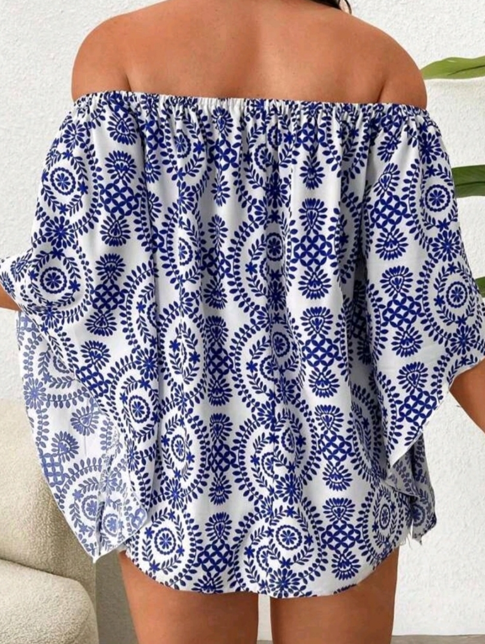 Off-Shoulder Blue & White Printed Top - Women's Boho Blouse - Picture 4 of 4